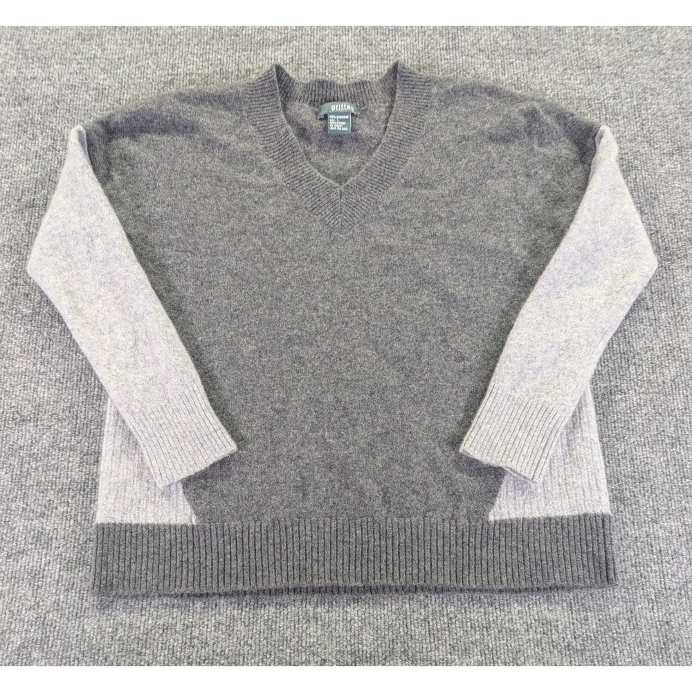 Griffen Cashmere V-Neck Sweater Womens Large Gray Colorblock 100% Cashmere Knit